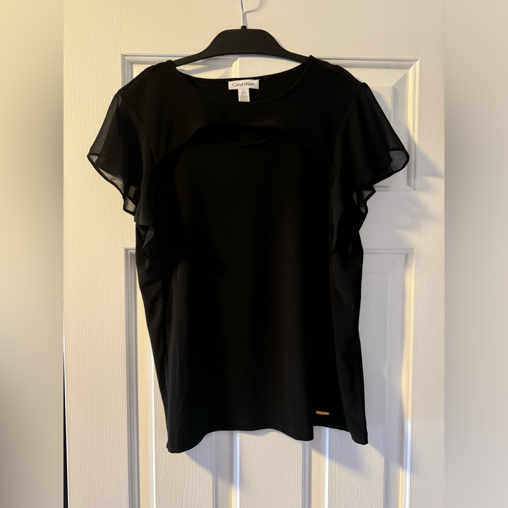 EXCELLENT USED CONDITION black Calvin Klein shirt with sheer sleeves. Women’s SM
